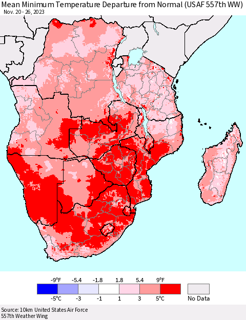 Southern Africa Mean Minimum Temperature Departure from Normal (USAF 557th WW) Thematic Map For 11/20/2023 - 11/26/2023