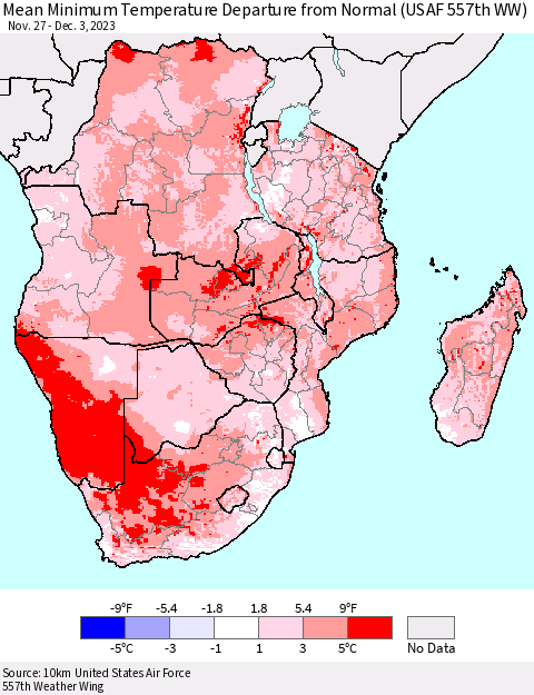 Southern Africa Mean Minimum Temperature Departure from Normal (USAF 557th WW) Thematic Map For 11/27/2023 - 12/3/2023