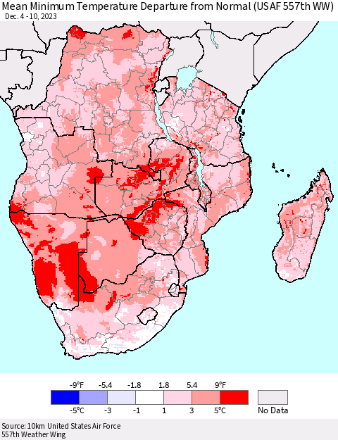 Southern Africa Mean Minimum Temperature Departure from Normal (USAF 557th WW) Thematic Map For 12/4/2023 - 12/10/2023