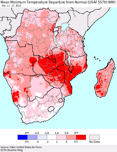 Southern Africa Mean Minimum Temperature Departure from Normal (USAF 557th WW) Thematic Map For 12/11/2023 - 12/17/2023