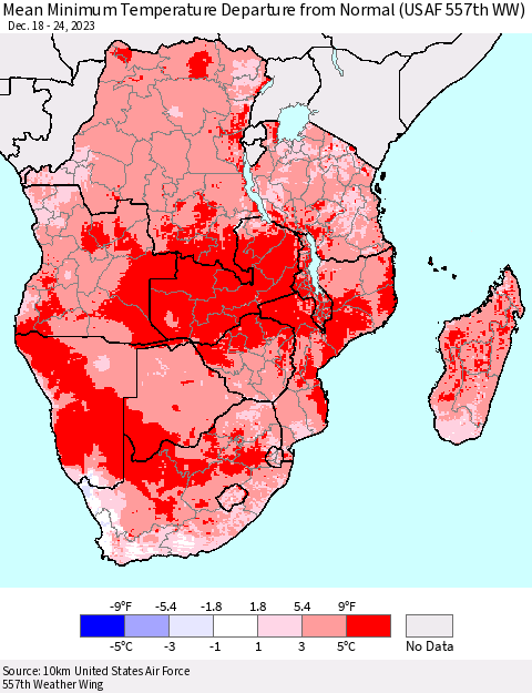 Southern Africa Mean Minimum Temperature Departure from Normal (USAF 557th WW) Thematic Map For 12/18/2023 - 12/24/2023