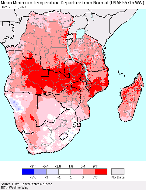 Southern Africa Mean Minimum Temperature Departure from Normal (USAF 557th WW) Thematic Map For 12/25/2023 - 12/31/2023