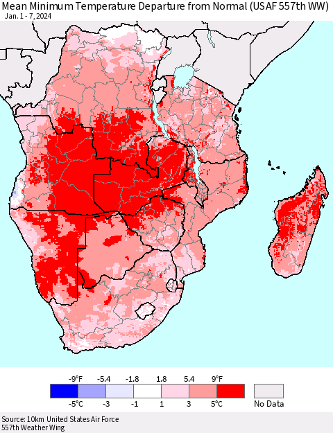 Southern Africa Mean Minimum Temperature Departure from Normal (USAF 557th WW) Thematic Map For 1/1/2024 - 1/7/2024
