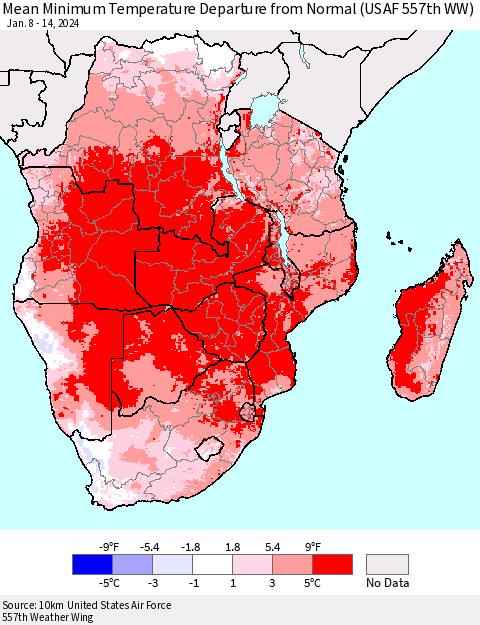 Southern Africa Mean Minimum Temperature Departure from Normal (USAF 557th WW) Thematic Map For 1/8/2024 - 1/14/2024