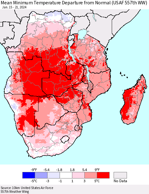 Southern Africa Mean Minimum Temperature Departure from Normal (USAF 557th WW) Thematic Map For 1/15/2024 - 1/21/2024