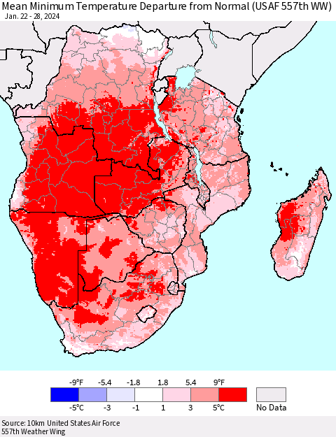 Southern Africa Mean Minimum Temperature Departure from Normal (USAF 557th WW) Thematic Map For 1/22/2024 - 1/28/2024