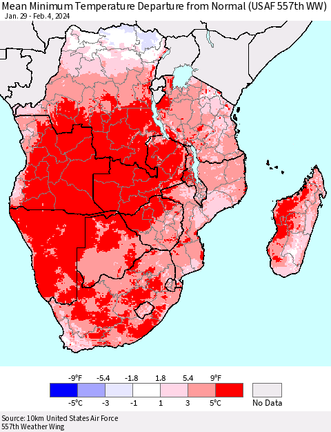 Southern Africa Mean Minimum Temperature Departure from Normal (USAF 557th WW) Thematic Map For 1/29/2024 - 2/4/2024