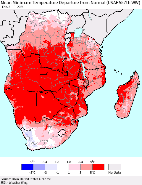 Southern Africa Mean Minimum Temperature Departure from Normal (USAF 557th WW) Thematic Map For 2/5/2024 - 2/11/2024