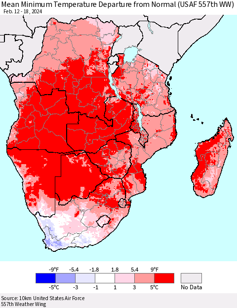 Southern Africa Mean Minimum Temperature Departure from Normal (USAF 557th WW) Thematic Map For 2/12/2024 - 2/18/2024