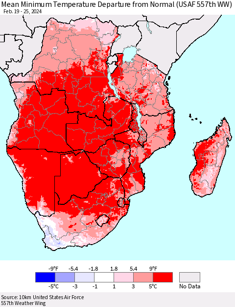 Southern Africa Mean Minimum Temperature Departure from Normal (USAF 557th WW) Thematic Map For 2/19/2024 - 2/25/2024