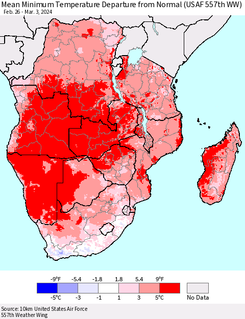 Southern Africa Mean Minimum Temperature Departure from Normal (USAF 557th WW) Thematic Map For 2/26/2024 - 3/3/2024