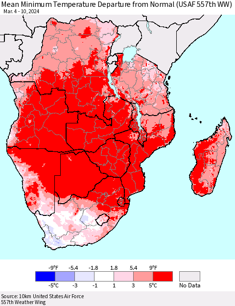 Southern Africa Mean Minimum Temperature Departure from Normal (USAF 557th WW) Thematic Map For 3/4/2024 - 3/10/2024