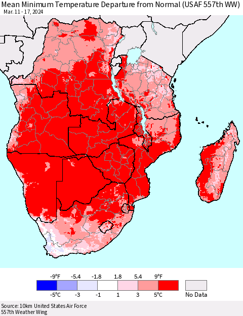 Southern Africa Mean Minimum Temperature Departure from Normal (USAF 557th WW) Thematic Map For 3/11/2024 - 3/17/2024