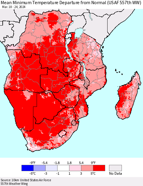 Southern Africa Mean Minimum Temperature Departure from Normal (USAF 557th WW) Thematic Map For 3/18/2024 - 3/24/2024