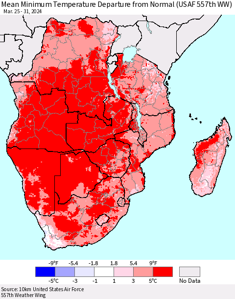 Southern Africa Mean Minimum Temperature Departure from Normal (USAF 557th WW) Thematic Map For 3/25/2024 - 3/31/2024