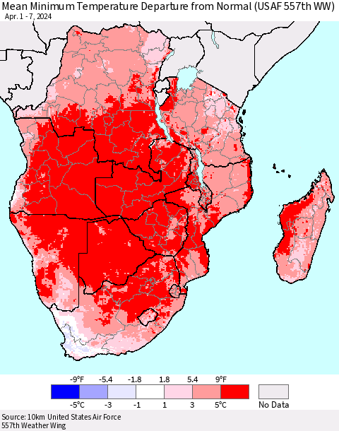 Southern Africa Mean Minimum Temperature Departure from Normal (USAF 557th WW) Thematic Map For 4/1/2024 - 4/7/2024