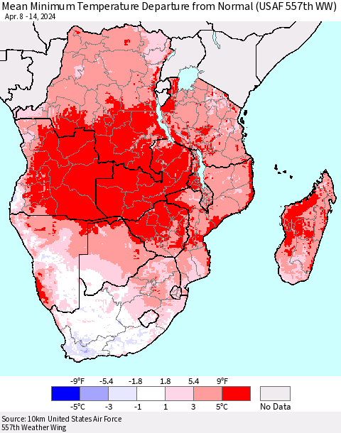 Southern Africa Mean Minimum Temperature Departure from Normal (USAF 557th WW) Thematic Map For 4/8/2024 - 4/14/2024