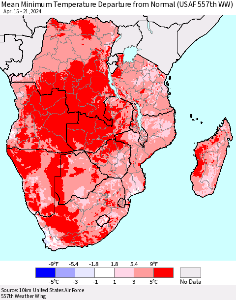 Southern Africa Mean Minimum Temperature Departure from Normal (USAF 557th WW) Thematic Map For 4/15/2024 - 4/21/2024