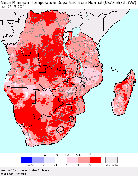 Southern Africa Mean Minimum Temperature Departure from Normal (USAF 557th WW) Thematic Map For 4/22/2024 - 4/28/2024
