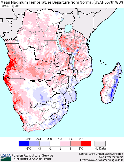 Southern Africa Mean Maximum Temperature Departure from Normal (USAF 557th WW) Thematic Map For 10/4/2021 - 10/10/2021