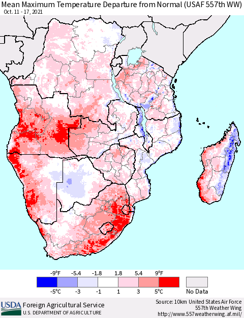 Southern Africa Mean Maximum Temperature Departure from Normal (USAF 557th WW) Thematic Map For 10/11/2021 - 10/17/2021