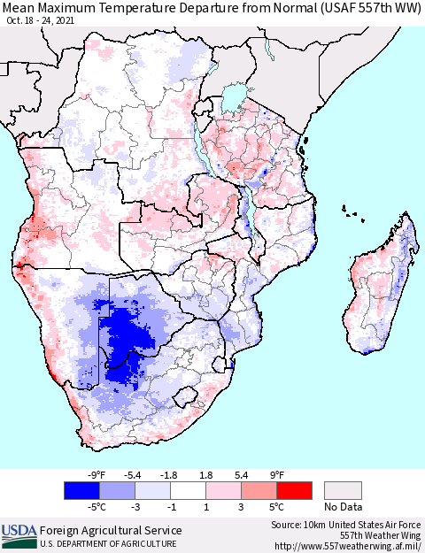 Southern Africa Mean Maximum Temperature Departure from Normal (USAF 557th WW) Thematic Map For 10/18/2021 - 10/24/2021