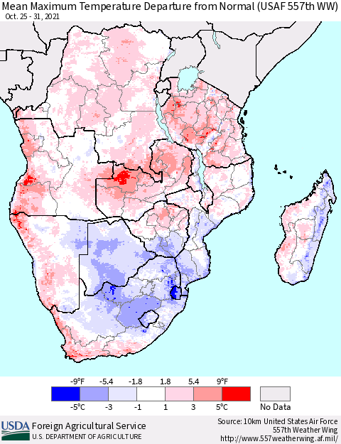 Southern Africa Mean Maximum Temperature Departure from Normal (USAF 557th WW) Thematic Map For 10/25/2021 - 10/31/2021