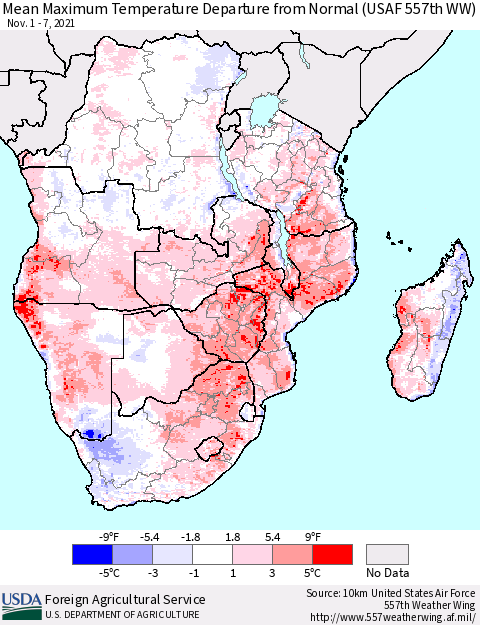 Southern Africa Mean Maximum Temperature Departure from Normal (USAF 557th WW) Thematic Map For 11/1/2021 - 11/7/2021