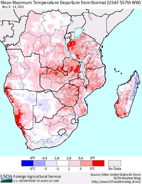 Southern Africa Mean Maximum Temperature Departure from Normal (USAF 557th WW) Thematic Map For 11/8/2021 - 11/14/2021
