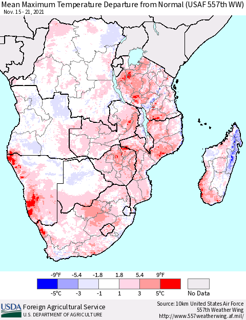 Southern Africa Mean Maximum Temperature Departure from Normal (USAF 557th WW) Thematic Map For 11/15/2021 - 11/21/2021
