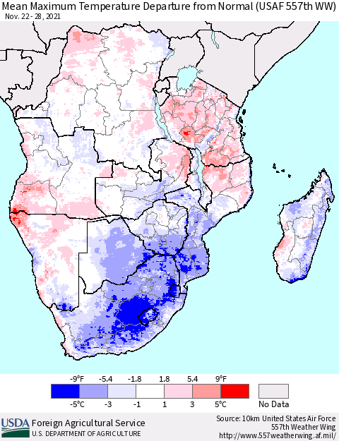 Southern Africa Mean Maximum Temperature Departure from Normal (USAF 557th WW) Thematic Map For 11/22/2021 - 11/28/2021