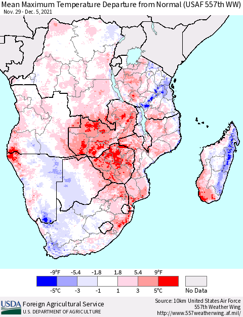 Southern Africa Mean Maximum Temperature Departure from Normal (USAF 557th WW) Thematic Map For 11/29/2021 - 12/5/2021