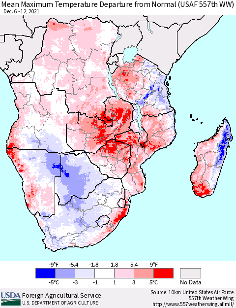 Southern Africa Mean Maximum Temperature Departure from Normal (USAF 557th WW) Thematic Map For 12/6/2021 - 12/12/2021