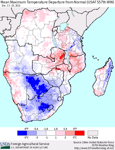 Southern Africa Mean Maximum Temperature Departure from Normal (USAF 557th WW) Thematic Map For 12/13/2021 - 12/19/2021