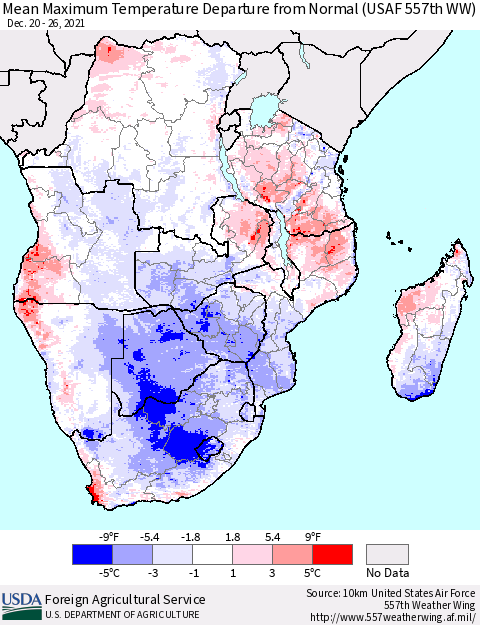Southern Africa Mean Maximum Temperature Departure from Normal (USAF 557th WW) Thematic Map For 12/20/2021 - 12/26/2021