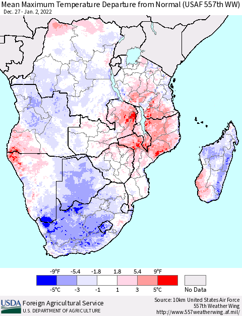 Southern Africa Mean Maximum Temperature Departure from Normal (USAF 557th WW) Thematic Map For 12/27/2021 - 1/2/2022