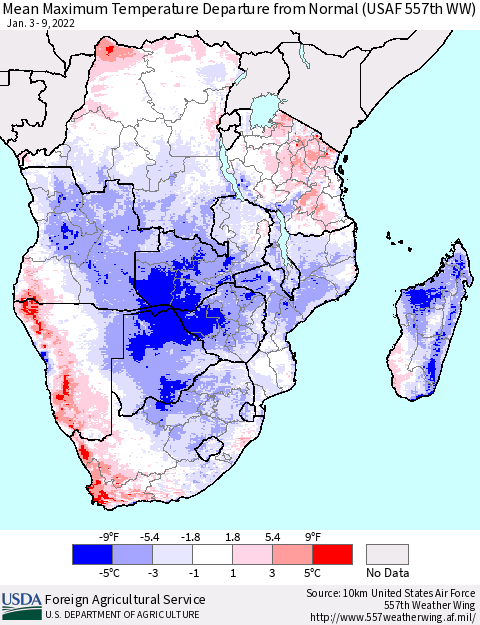 Southern Africa Mean Maximum Temperature Departure from Normal (USAF 557th WW) Thematic Map For 1/3/2022 - 1/9/2022