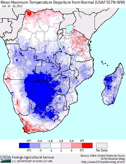 Southern Africa Mean Maximum Temperature Departure from Normal (USAF 557th WW) Thematic Map For 1/10/2022 - 1/16/2022