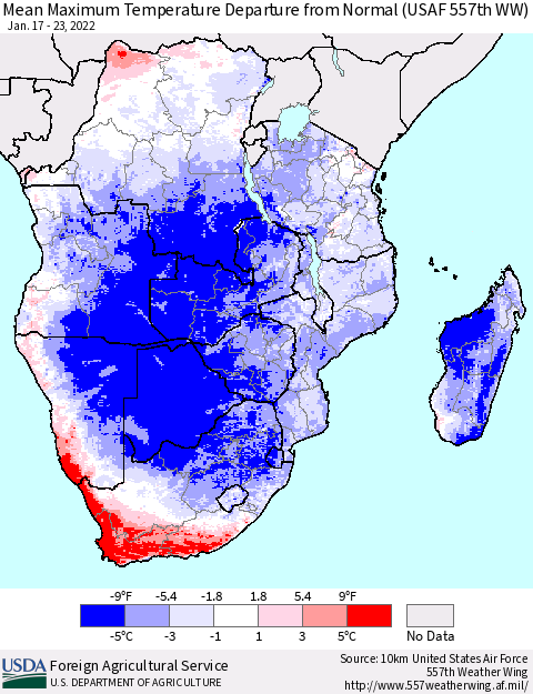 Southern Africa Mean Maximum Temperature Departure from Normal (USAF 557th WW) Thematic Map For 1/17/2022 - 1/23/2022