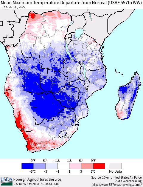Southern Africa Mean Maximum Temperature Departure from Normal (USAF 557th WW) Thematic Map For 1/24/2022 - 1/30/2022