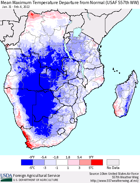 Southern Africa Mean Maximum Temperature Departure from Normal (USAF 557th WW) Thematic Map For 1/31/2022 - 2/6/2022