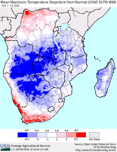 Southern Africa Mean Maximum Temperature Departure from Normal (USAF 557th WW) Thematic Map For 2/7/2022 - 2/13/2022