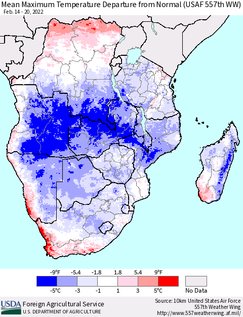 Southern Africa Mean Maximum Temperature Departure from Normal (USAF 557th WW) Thematic Map For 2/14/2022 - 2/20/2022