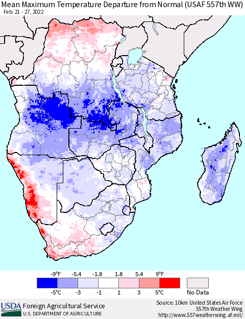 Southern Africa Mean Maximum Temperature Departure from Normal (USAF 557th WW) Thematic Map For 2/21/2022 - 2/27/2022