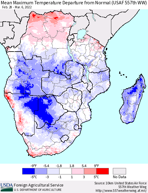 Southern Africa Mean Maximum Temperature Departure from Normal (USAF 557th WW) Thematic Map For 2/28/2022 - 3/6/2022