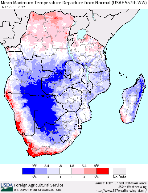 Southern Africa Mean Maximum Temperature Departure from Normal (USAF 557th WW) Thematic Map For 3/7/2022 - 3/13/2022