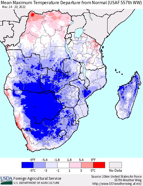 Southern Africa Mean Maximum Temperature Departure from Normal (USAF 557th WW) Thematic Map For 3/14/2022 - 3/20/2022