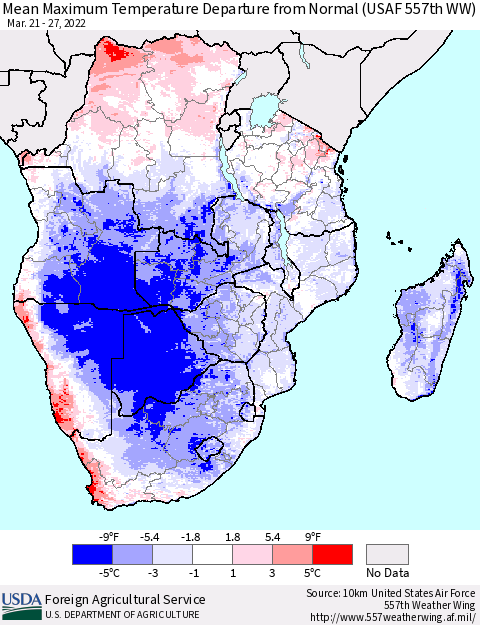 Southern Africa Mean Maximum Temperature Departure from Normal (USAF 557th WW) Thematic Map For 3/21/2022 - 3/27/2022
