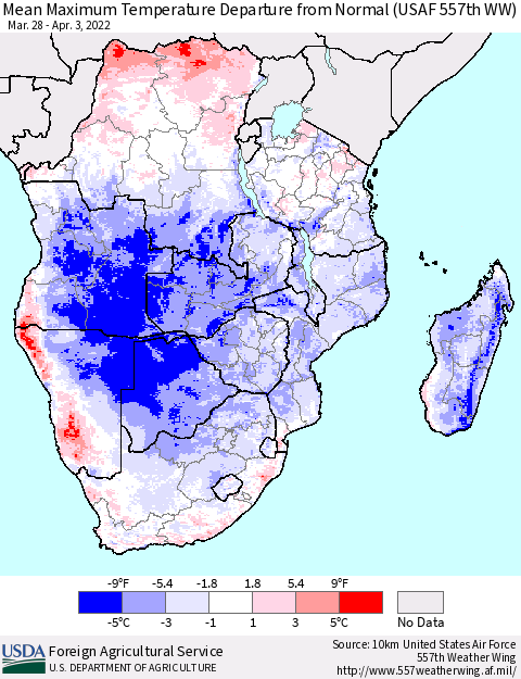 Southern Africa Mean Maximum Temperature Departure from Normal (USAF 557th WW) Thematic Map For 3/28/2022 - 4/3/2022