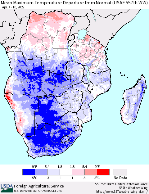 Southern Africa Mean Maximum Temperature Departure from Normal (USAF 557th WW) Thematic Map For 4/4/2022 - 4/10/2022